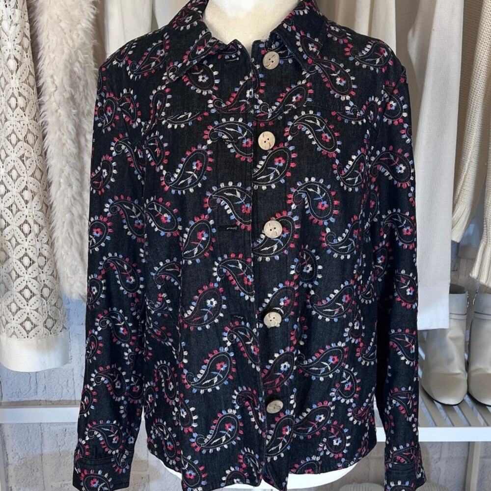 Coldwater Creek Women's Sz M Petite Dark Denim Paisley Embroidered Jacket #0191